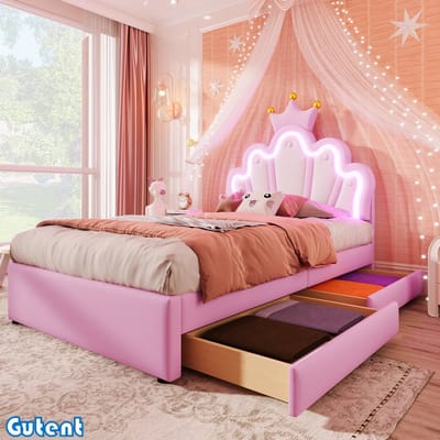 Gutent prinsessenbed - 90 x 200 cm - Zonder matras - LED-verlichting - 2 lades (77 x 37 x 10 cm) - PU -Roze