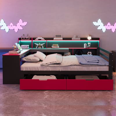 Slaapbank 140 x 200 cm - met bureau - boekenplank - opbergvakken - met verlichting en stopcontact - lade - zwart en rood - zonder matras