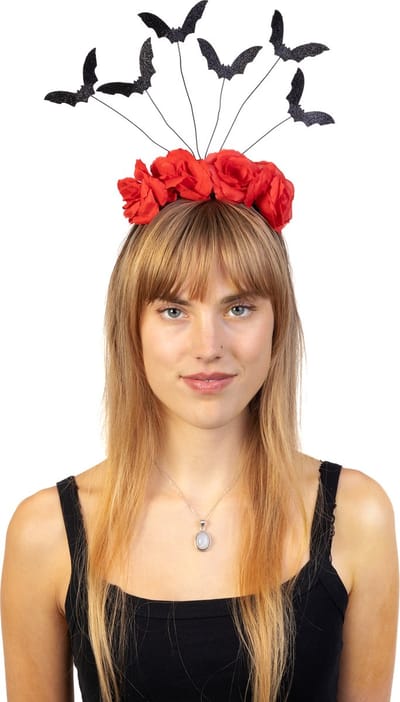 KIMU® Haarband Vleermuis Rozen Zwart Rood - Vampier Diadeem Halloween - Vleermuizen Griezel Demoon Duivel Horror Monster Spook Eng Festival