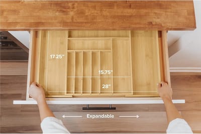 KitchenEdge Expandable Bamboo Kitchen Drawer Organizer - Silverware Flatware Dinnerware Utensil Holder - Adjustable from 16" to 28" Wide