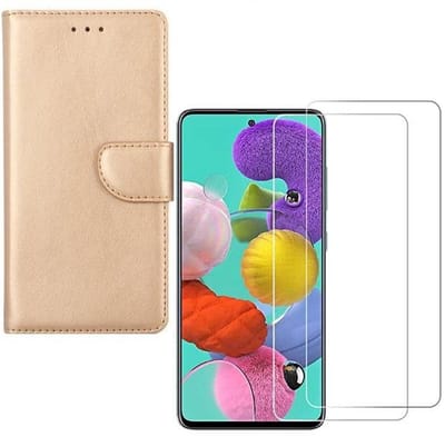 hoesje Geschikt voor: Samsung Galaxy A71 Portemonnee Goud met 2 stuks Glas Screen protector