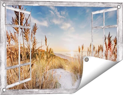 Gards Tuinposter Doorkijk Strand en Zee vanuit Duinen met Zonsondergang - 60x40 cm - Tuindoek - Tuindecoratie - Wanddecoratie buiten - Tuinschilderij