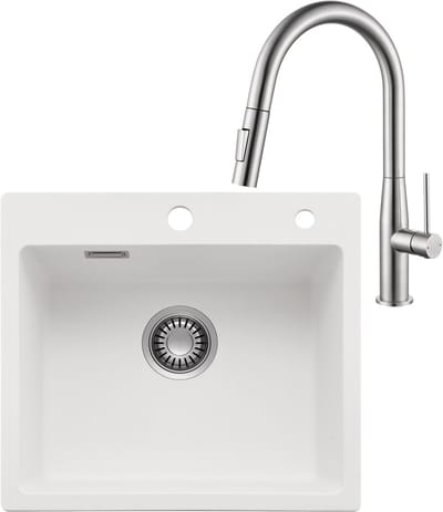 CECIPA max Spoelbak Keuken 50x45CM - Graniet Spoelbak Met Keukenkraan Met Uittrekbare Uitloop - Enkele spoelbak Wit - Met waterafvoersysteem - Voor 50 cm kast