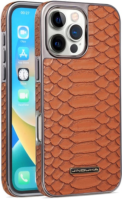 Stravo × JINDUKA Luxe Slangenleren Hoes voor iPhone 16 Pro Max | BruinSchokabsorberend · Antislip · Vingerafdrukvrij