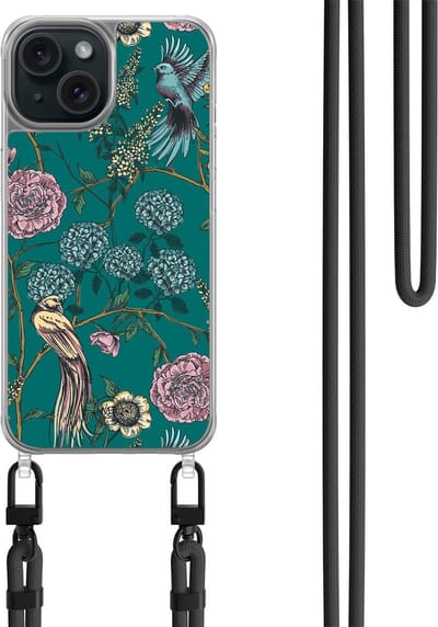 Hoesje met koord geschikt voor iPhone 13 - Vogels Japanse bloemen - Inclusief zwart koord - Crossbody beschermhoes - Transparant, Groen - Mooie Telefoonhoesjes