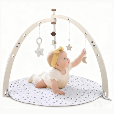 RUX® Speelgoedkleed Baby met Boog - Babygym - Babykleed - 5 Hangers - Houten Frame - Beige - ‎43cm x 30cm x 5cm; 1.42 kg
