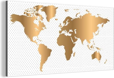 Aluminium schilderij 160x80 cm - Wanddecoratie metaal - Wereldkaart - Goud - Stippen - Kinderen - Jongens - Meiden - Metalen muurdecoratie woonkamer - Decoratie industrieel - Foto op dibond - Industriële accessoires slaapkamer