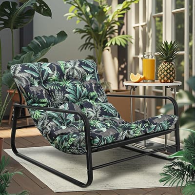 HomeMiYN Industriële 1-Zits Bank – Stalen Buis Frame Fauteuil – Jungle Leopard Design Stoel – Groene Bos Print Bekleding – Comfortabele Lounge Stoel voor Woonkamer