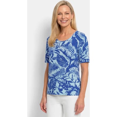 Shirt van viscose met grafisch bladerdessin - blauw / lichtblauw / gedess. - Gr. 19 van Goldner Fashion