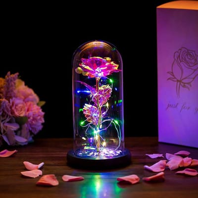 Roos in glazen koepel met LED-verlichting - Eeuwige kristal roos als romantisch cadeau voor haar