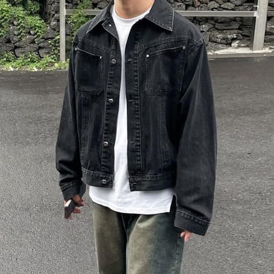 Gewassen Verweerde Revers Denim Jas Heren Lente Losse Mooie Jas Koreaanse Stijl Trendy Werkjas 2XL zwart