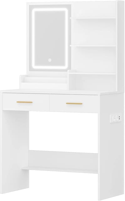 Dressing Table – Voor Slaapkamer en Woonkamer – Kaptafel met LED-Verlichting, 2 Stopcontacten en 2 USB-poorten, 2 Lades en 4 Open Vakken – Modern Wit