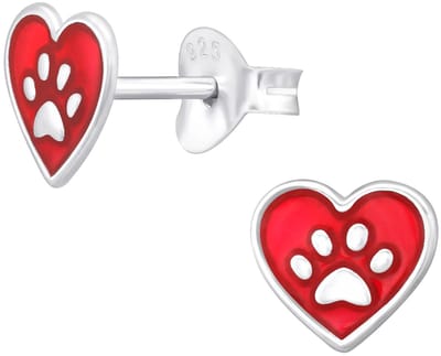 Joy|S - Zilveren hartje oorbellen - rood zilver met kat / hond dierenpoot - 7 mm - poot afdruk - kinderoorbellen