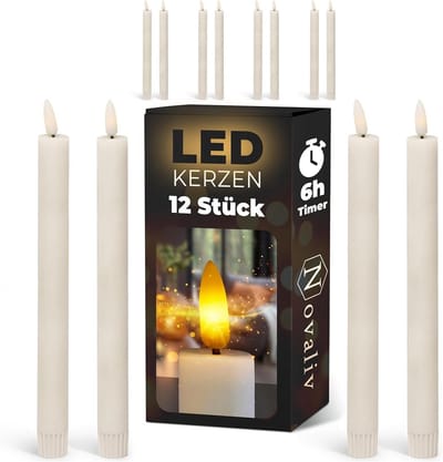 Set van 12 LED Staafkaarsen met Timer - Bewegende Vlam en Wit Licht - 22 cm