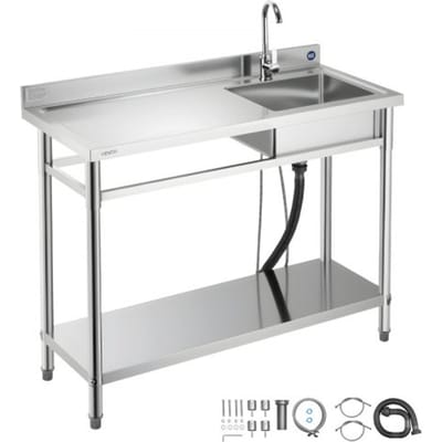 VEVOR RVS spoelbak (120 x 50 x 94 cm), enkele kom met kraan en plank, keukengootsteen voor garage, restaurant, wasruimte, buitenwasbak met werkblad (links)