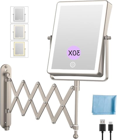 Oplaadbare Wandspiegel voor Make-up met Verlichting, 8.7 Inch Dubbelzijdig 1X 20X Vergrotend, Dimbare Touchfunctie en 360° Rotatie