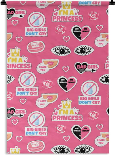 Wandkleed - Wanddoek - Meisjes - Roze - Prinses - Patroon - 60x90 cm - Wandtapijt