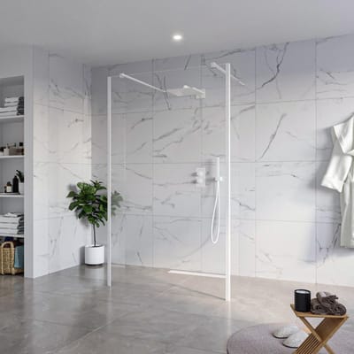 FugaFlow Eccelente Vetro Vrijstaande inloopdouche badkamer - 120x200cm - Helder - antikalk - 8mm veiligheidsglas - 2 zijwanden 30cm - met wandarmen en hoekprofielen - Wit mat -