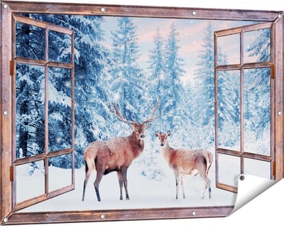 Gards Tuinposter Doorkijk Twee Herten in het Bos met Sneeuw - 120x80 cm - Tuindoek - Tuindecoratie - Wanddecoratie buiten - Tuinschilderij