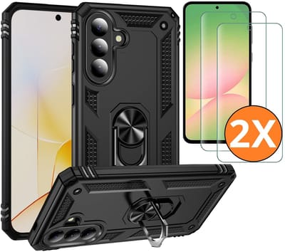 Hoesje Geschikt voor Samsung Galaxy A57 4G / 5G Hoesje Zwart Anti-Shock Hybrid Armor hoesje Met Draaibare Ring Houder - Samsung A57 Screenprotector 2 pack