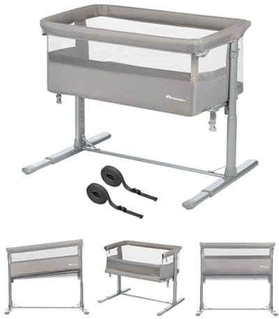 Co-Sleeper en Vouwbed voor Baby's – 0-6 Maanden, 5 Hoogte-instellingen, Ademend, Met Draagtas, Eenvoudige Montage, Grijs