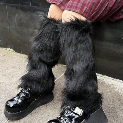 1 Paar Bruine Effen Kleur Faux Fur Beenwarmers, Y2K Stijl, Alle Seizoenen 40cm zwart
