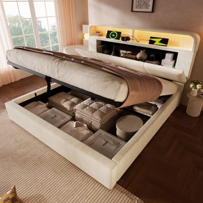 MODFU Gestoffeerd Tweepersoonsbed – 160x200 cm – Verstelbaar Opberghoofdbord – LED & USB – Fluweel – Beige
