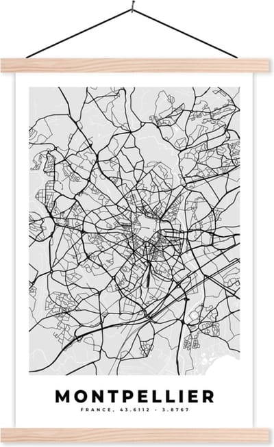 Posterhanger incl. Poster 40x60 cm - Schoolplaat - Plattegrond - Kaart - Stadskaart - Frankrijk - Montpellier - Textielposter - Blanke latten - Stadskaart