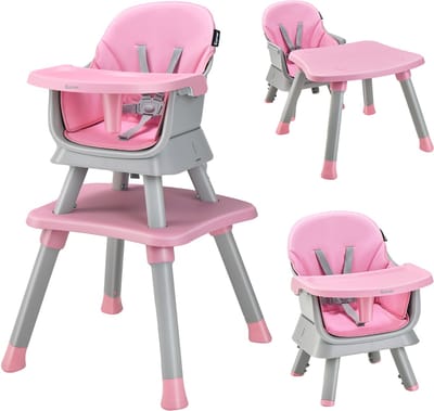 COSTWAY 6-in-1 babystoel, kinderstoel, eetkamerstoel, leertafel & bouwsteentafel & kinderzitgroep, kinderstoel met veiligheidsgordel en afneembaar dienblad, babystoel, combi-kinderstoel
