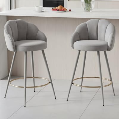 Barkrukken set van 2 – Novihome Luxe Fluwelen Barstoelen, Modern Design met Poten, Gepolsterd, Hoogte 88 cm, Grijs, Voor Keuken, Bar & Eetkamer