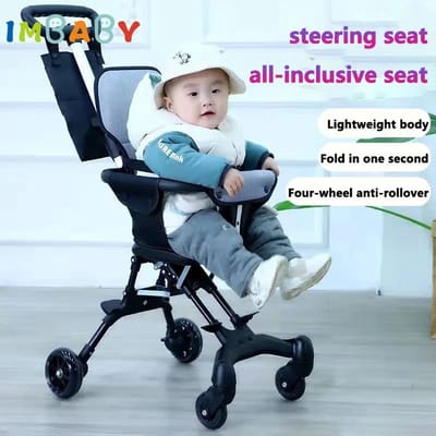 IMBABY - Kinderwagen - Draagbaar - Opvouwbare Trolley voor Baby's - Met Kussen en Zonnescherm - Lichtgewicht - Vierwielige Kar - Zwart
