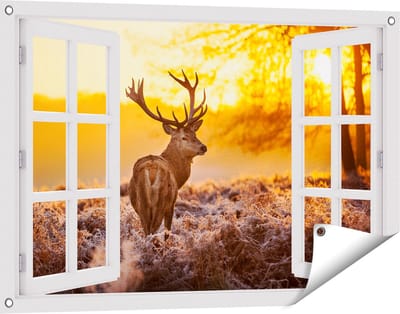 Gards Tuinposter Doorkijk Hert in Bos tijdens de Zonsopkomst - 90x60 cm - Tuindoek - Tuindecoratie - Wanddecoratie buiten - Tuinschilderij