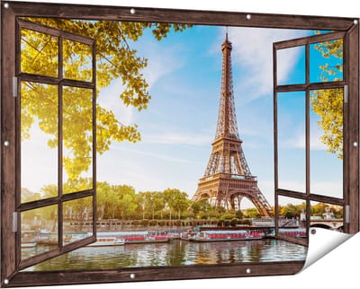 Gards Tuinposter Doorkijk Eiffeltoren in Parijs aan het Water - 150x100 cm - Tuindoek - Tuindecoratie - Wanddecoratie buiten - Tuinschilderij