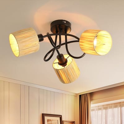 NETTLIFE Opbouwspot - E14 Fitting - 3-Lichts - Zwart - Natuurlijk Papier Design - L 43.5cm - Vintage Hallamp - Plafondspot - voor Woonkamer | Slaafkamer | Gang | Keuken-excl. lichtbron