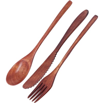 3-delige set mes, vork en lepel houten draaglijk bestek desserttafelgerei voor thuis, hotel brown