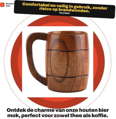 Dailygoods- Biermok Grote Capaciteit - Houten Drinkbeker - Handgemaakt - Warmte-isolatie - Antiverbranding - Comfortabel Handgevoel - Houten Beker
