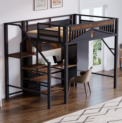 MEUNIQ Hoogslaper 140 x 200 cm met veiligheidsladder, veiligheidshekje en open ruimte onder het bed, metalen bedframe voor slaapkamer, zwart