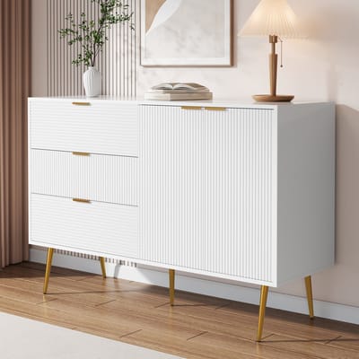 MODENUIT Dressoir - 3 Laden En 2 Deuren - Voor Woonkamer, Eetkamer En Slaapkamer - MDF - Wit/Goud - 120x38x80,5 Cm