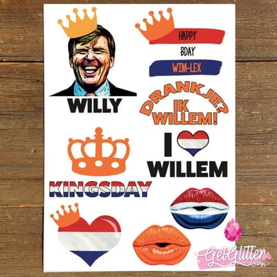 GetGlitterBaby® - Koningsdag Plak Tattoos / Tijdelijke Tattoo / Nep Tatoeage - Oranje Gezicht en Lichaam Schmink Versiering - Koningsdag
