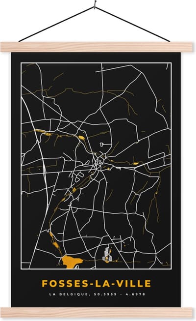 Posterhanger incl. Poster 40x60 cm - Schoolplaat - Stadskaart - Fosses-La-Ville - Plattegrond - Goud - Kaart - Textielposter - Blanke latten - Stadskaart