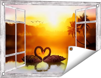 Gards Tuinposter Doorkijk Twee Zwarte Zwanen in een Hart Vorm - 60x40 cm - Tuindoek - Tuindecoratie - Wanddecoratie buiten - Tuinschilderij