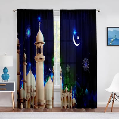 Ramadan Mubarak Transparant Voile Gordijn Moslim Eid Mubarak Raam Tule Gordijnen voor Keuken Woonkamer Slaapkamer Moderne Decoratie 1 PCS W100XH250cm&Grommet Top