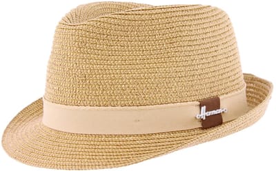 Herman-hoed en effen beige papieren stro met een kleine opstaande rand aan de achterkant en een bijpassend lint maat 55/S