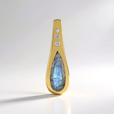 Cavill - Zilveren hanger met Groene Minary Labradoriet 4,95 ct - 925 Sterling Zilver deels verguld - Zirkonia - Druppelvormig Madagaskar
