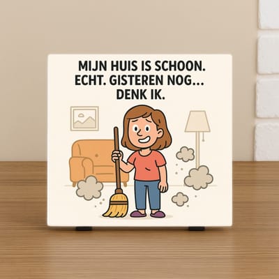 Spreuk Tegel 10,5x10,5cm – Humor Tegeltje met Tekst – Mijn huis is schoon… denk ik – Trendy Nu –Decoratie – Zomaar