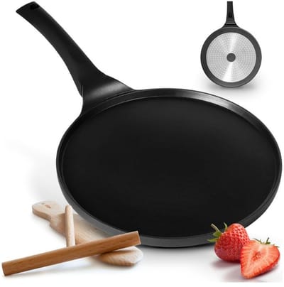 Famanu – Inductie pannenkoekenpan 26 cm met driedubbele antiaanbaklaag inclusief houten deegverdeler en spatel geschikt voor alle warmtebronnen PFAS-vrij