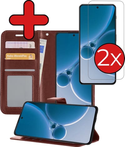 Hoesje - Met 2x Screenprotector - Geschikt voor OnePlus Nord 3 - Luxe Pasjeshouder - Flip Case - Bookcase Portemonee - Kunstleer Book Case - Flipcase Hoes - Book Cover - Walletcase - Portemonneehoes - Telefoonhoes - Bruin