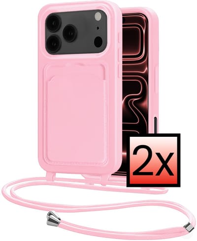 Hoes Geschikt voor iPhone 17 Pro Hoesje Pasjeshouder Cover Met Koord Case Siliconen Hoes Met Telefoonkoord en Kaarthouder - Lichtroze - 2 PACK