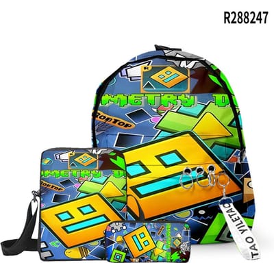 Klassiek Cool Geometry Dash 3D Print 3 stuks/Set Schooltassen Sleutelhangers Oxford Kleine Rugzak Schuin gedragen schoudertas Etui