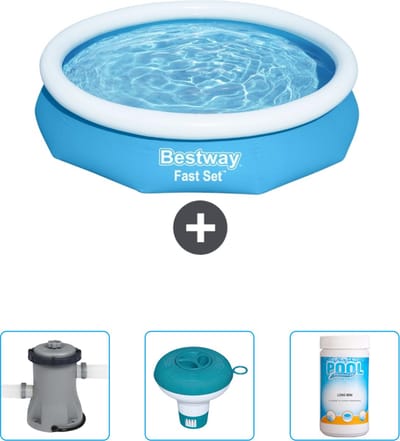 Bestway Rond Opblaasbaar Fast Set Zwembad - 305 x 66 cm - Blauw - Inclusief Pomp - Chloordrijver - Chloor